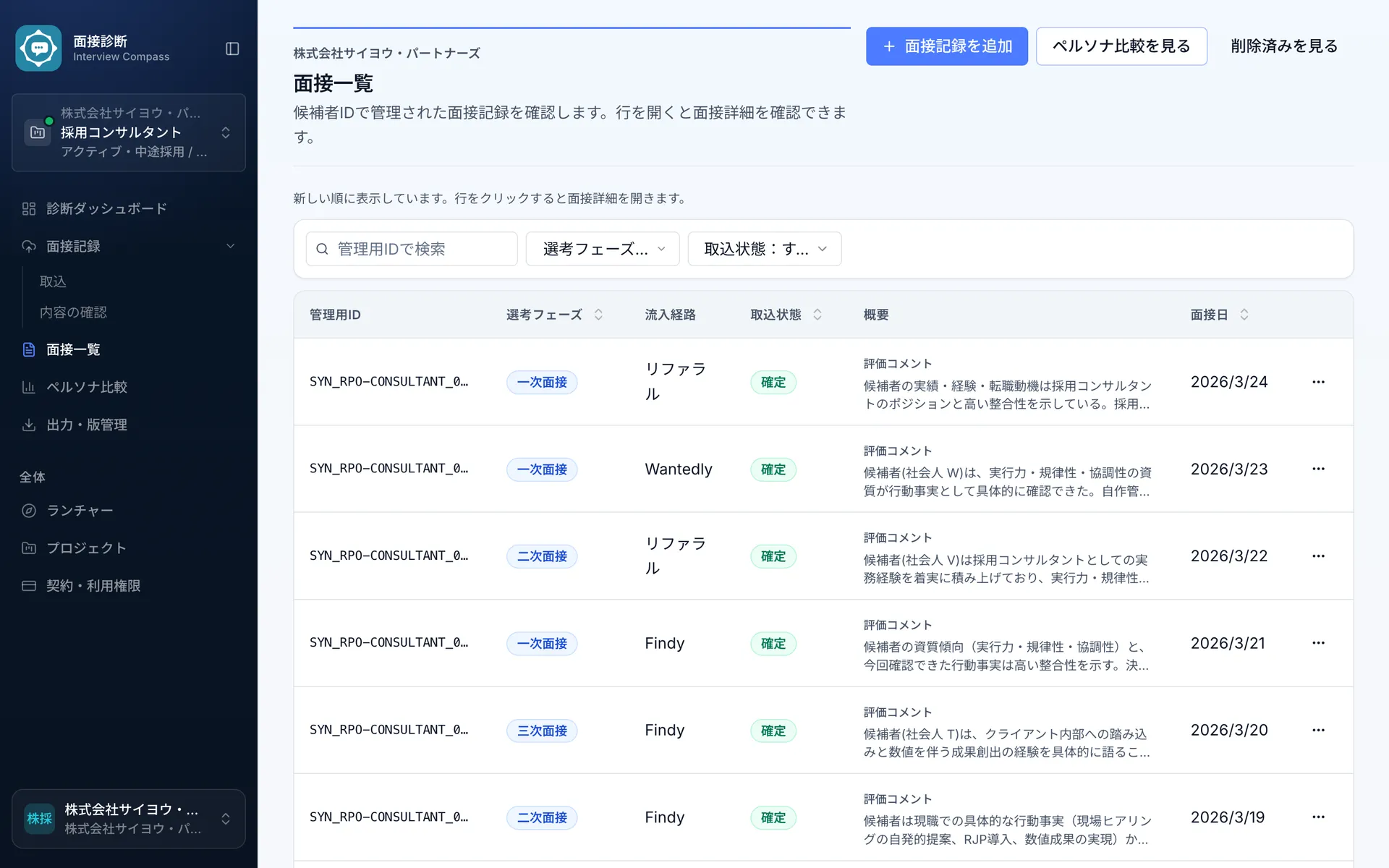 面接一覧画面。候補者IDで管理された面接記録を選考フェーズ・流入経路とともに一覧できる。
