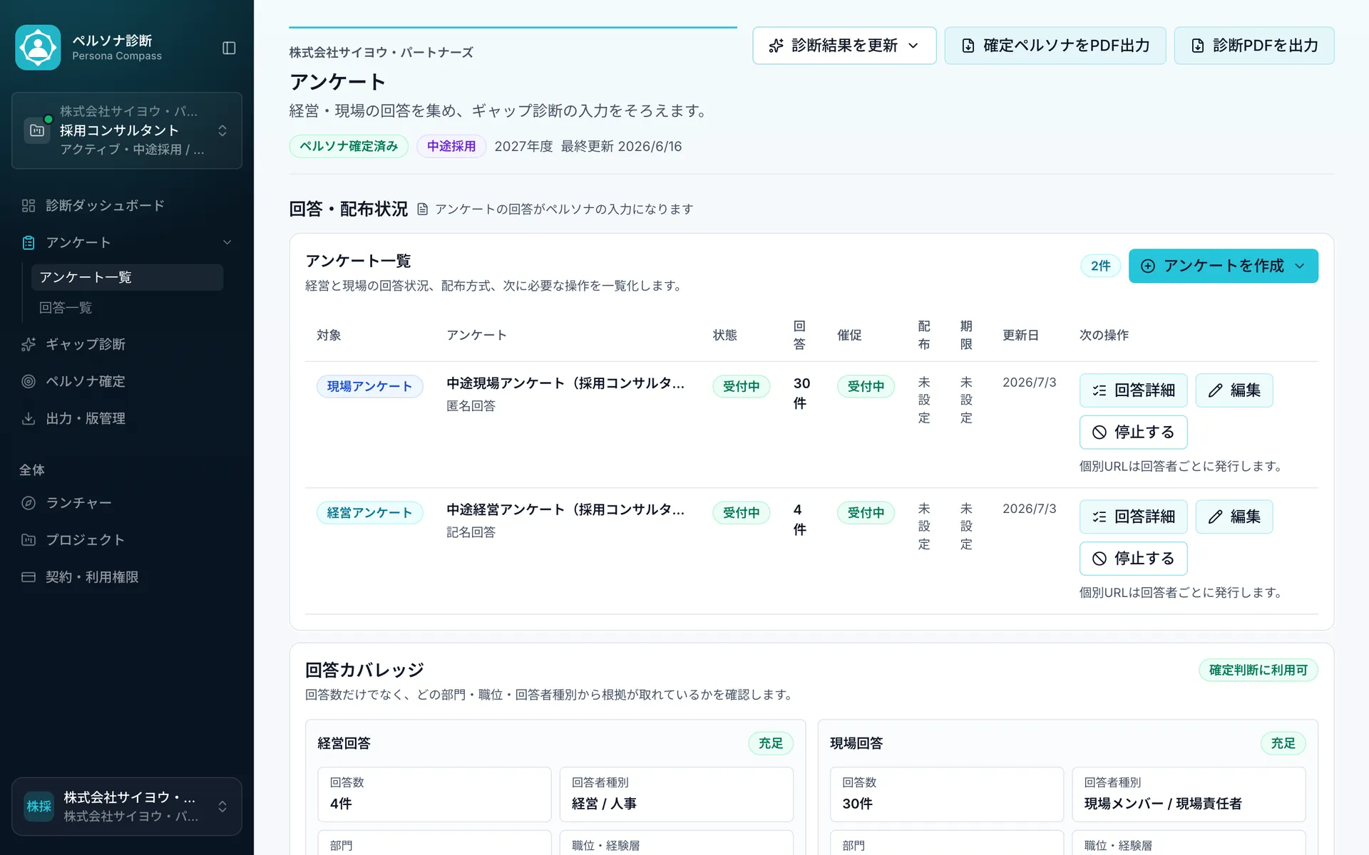 アンケート管理画面。経営向け・現場向けアンケートの配布と回収状況を一覧できる。