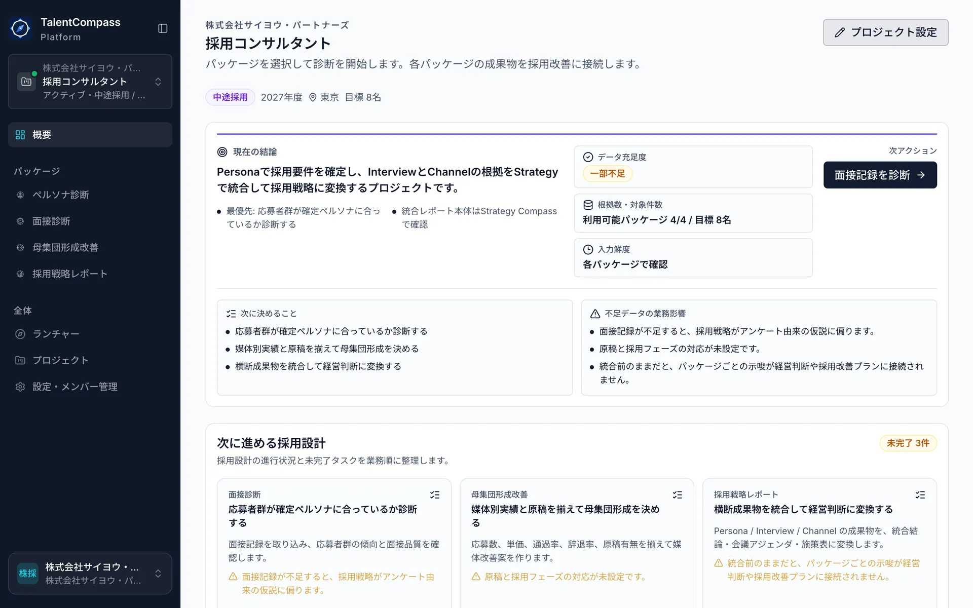 採用プロジェクトの概要画面。各パッケージの分析結果と進行状況を一覧できる(デモデータ)。
